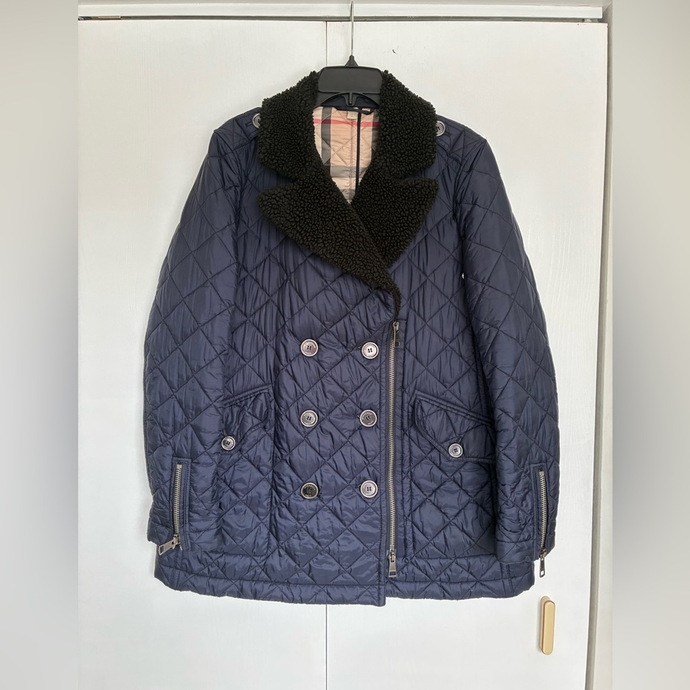 Burberry lDark Blue Quilted Pea Coat Car jacket with Black Shearling Collar L - Picture 2 of 12
